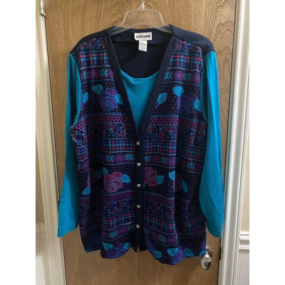 Vintage Women's Alfred Dunner Cardigan Sweater Turquoise Navy Purple 2X Button - Picture 1 of 12
